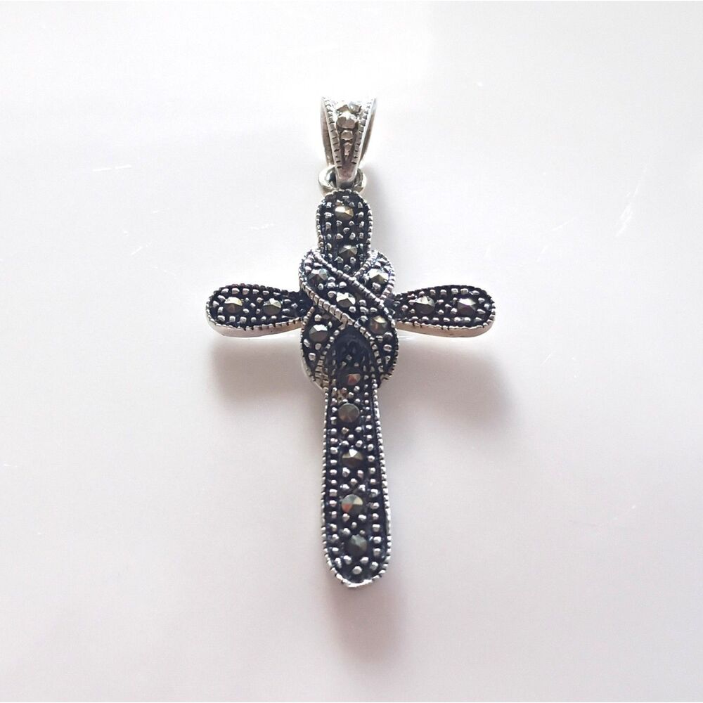Vintage Sterling Silver Marcasite Cross Pendant, Religious Gift